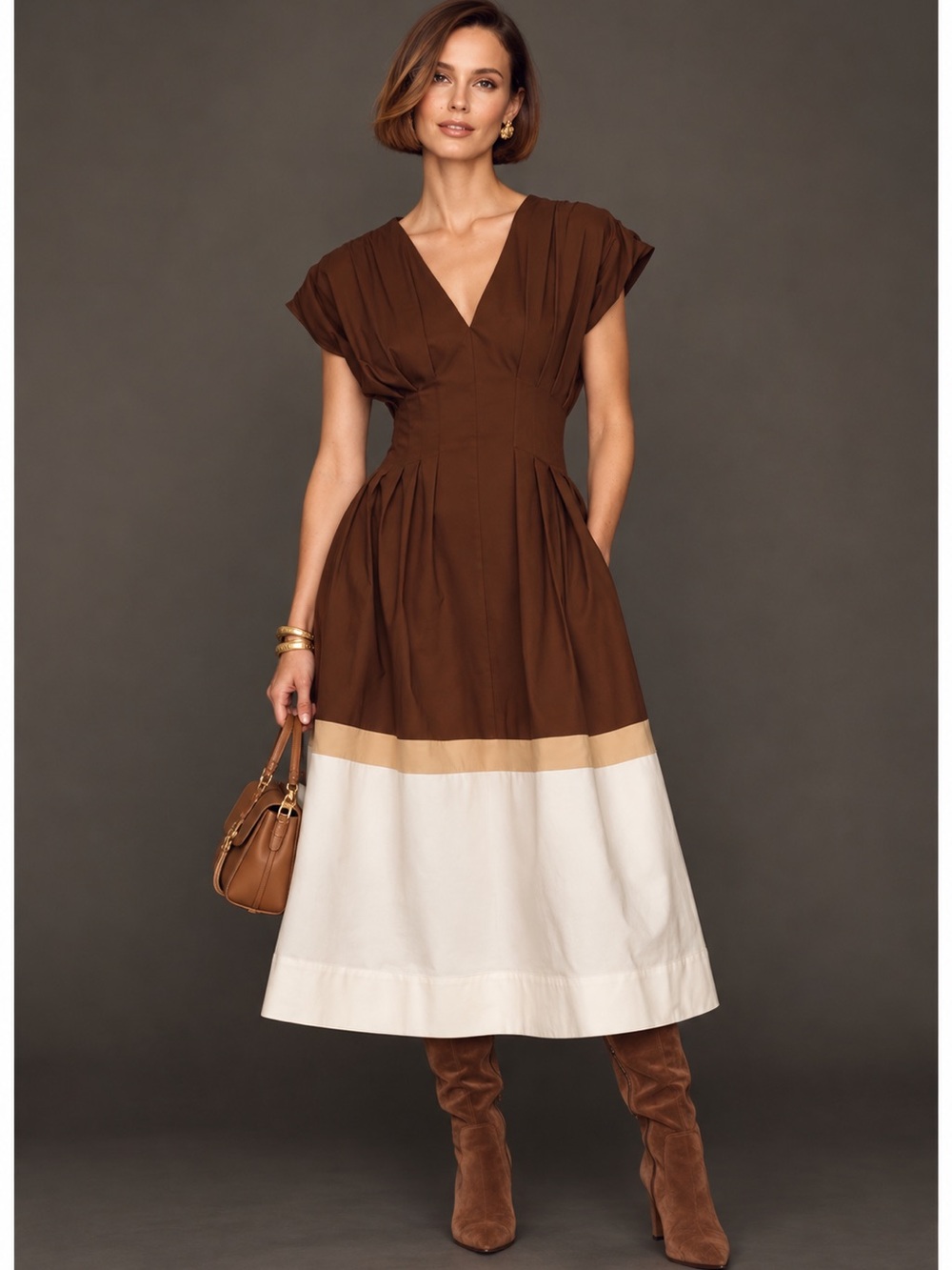 EXQUISE PLEATED SHORT SLEEVE TWICER MIDI DRESS🤎
